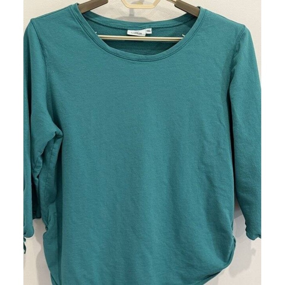 Hot Cotton Teal Blue 3/4 Tie Sleeve Shirt Ruched Sides Size XL